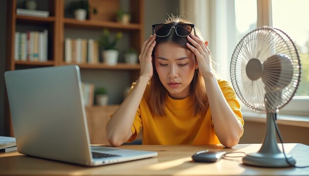 Woman feels heat exhaustion working on laptop. Desktop fan blows air. Overheated person sweats from summer sun. Discomfort indoors, home office temperature rises. Technology, climate change.