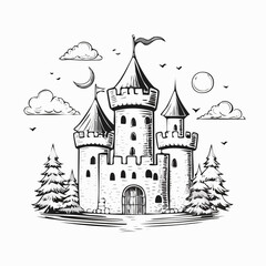 Medieval castle cartoon fairytale castle hand drawn design vector