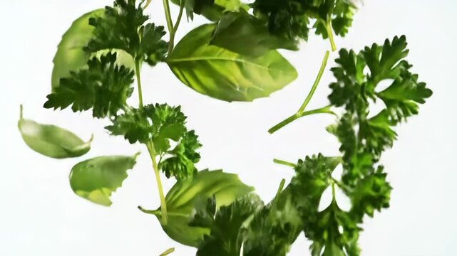 Fresh herb mix falling and floating midair with basil and parsley motion