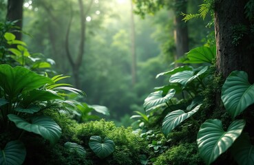 Fototapeta premium Tropical forest scene with vibrant green foliage, misty sunlight filtering through trees. Large leaves, dense undergrowth create serene, natural environment perfect for relaxation, evoking sense of