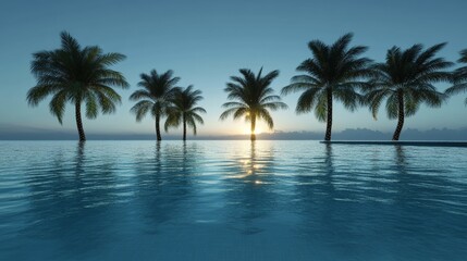 Tropical palms silhouetted against a tranquil ocean sunset.