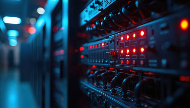 Server rack with blinking red lights in a dark data center. Futuristic blue lighting illuminates rows of computer hardware. Focus on technology, cybersecurity, and system vulnerability.