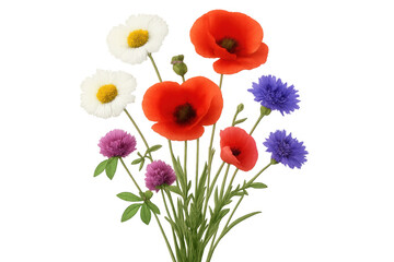 Naklejka premium Colorful bouquet of wildflowers including poppies, cornflowers, and daisies, isolated on a transparent background