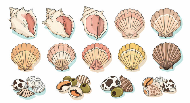 Collection of 10 whimsical hand-drawn doodles of seashells. Feature 3 large conch shells (cream with pink interior), 4 scallop shells (varied in soft peach, sandy beige, pale yellow, coral)