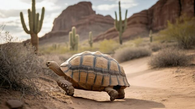 Desert Journey: A majestic tortoise embarks on a sun-baked journey through the arid landscape, its sturdy shell a symbol of resilience, framed by iconic desert flora and towering rock formations.