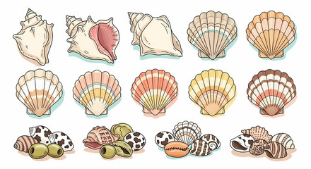 Collection of 10 whimsical hand-drawn doodles of seashells. Feature 3 large conch shells (cream with pink interior), 4 scallop shells (varied in soft peach, sandy beige, pale yellow, coral)