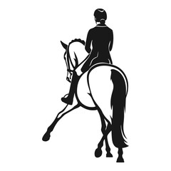 Equestrian rider performing half pass on horse in black and white illustration
