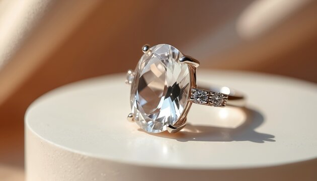 Luxury oval-cut diamond cocktail ring featuring large central gemstone set in white gold. Accented with smaller diamonds along band. Elegant jewelry piece, perfect for special occasions, gift,