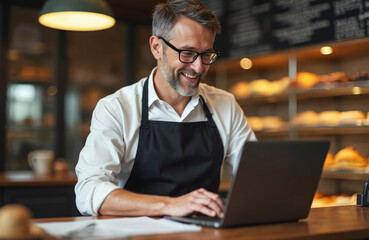 Mature bakery owner smiles while analyzing sales reports on his laptop. Man with glasses wears black apron. Successful entrepreneur manages orders and business operations in pastry shop.