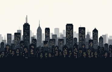 Illustration vibrant city skyline at night. Diverse skyscrapers, buildings with glowing windows form urban silhouette against pale sky. Downtown business district architectural design, offering