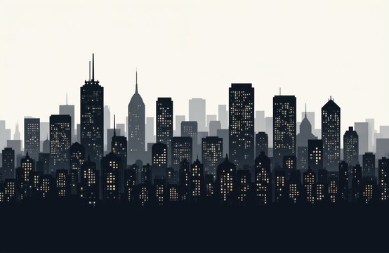 Illustration vibrant city skyline at night. Diverse skyscrapers, buildings with glowing windows form urban silhouette against pale sky. Downtown business district architectural design, offering