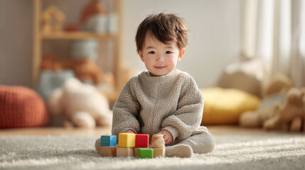Young asian child playing with colorful building blocks in a cozy indoor environment with soft textures