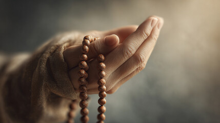Hand holding prayer beads in a serene atmosphere with soft lighting and blurred background