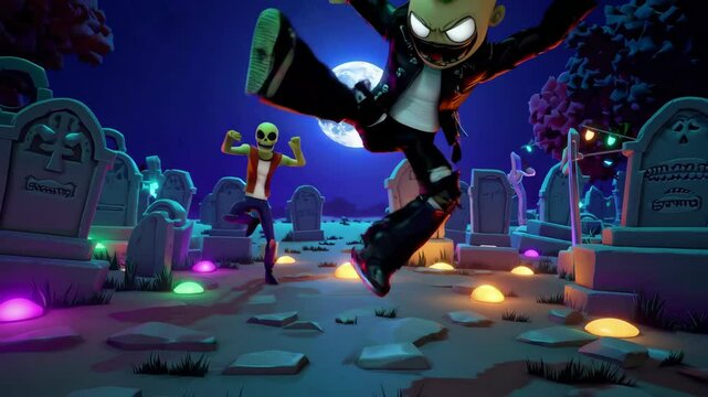 Seamless animation closeup of a punk zombie dancing in a party graveyard. Funny cartoon character for Halloween background