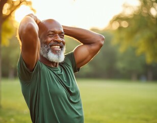 Senior Black man smiles outdoors in park enjoying summer sun after exercise. Fit man stretches in retirement, embracing healthy lifestyle and wellness. Energetic, happy, active person in nature.
