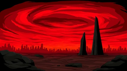 Gordijnen Futuristic city skyline under swirling red storm clouds, alien landscape with sharp dark rock formations and barren terrain. © Another Galaxy
