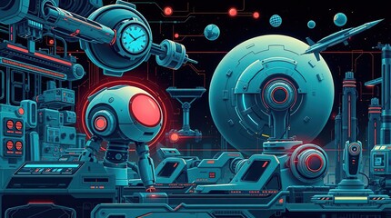 Obraz premium Retro Futuristic Robot Space Station.