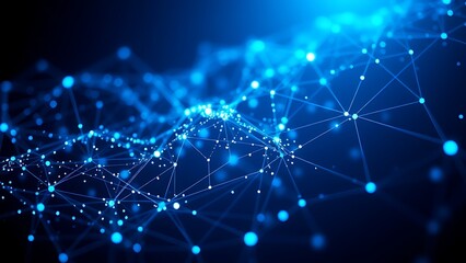 Obraz premium Futuristic network of glowing blue particles forming abstract data visualization on dark background.