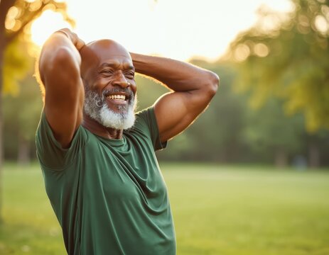 Senior Black man smiles outdoors in park enjoying summer sun after exercise. Fit man stretches in retirement, embracing healthy lifestyle and wellness. Energetic, happy, active person in nature. - Powered by Adobe