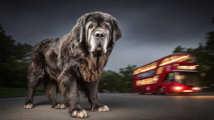 Obraz premium Large fluffy dog standing on city street with red double decker bus in motion and dramatic evening sky in background.