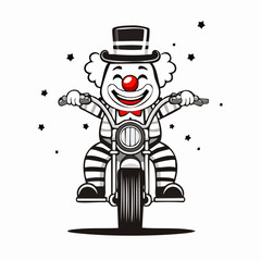 Cheerful Clown Riding a Motorcycle with Joy in a Fun Vector Illustration on white background.