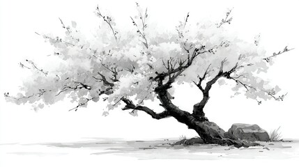 Fototapeta premium Monochrome sketch of a tree with rocks in fg and bg