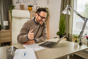 Adult man sit at office have video consultation prepare to sign paper