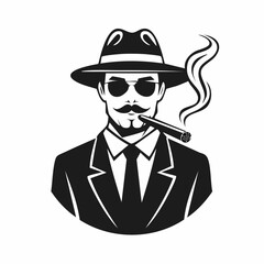 Mafia boss with cigar in black and white vector image on white background.