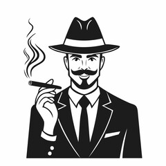 Mafia boss with cigar in black and white vector image on white background.