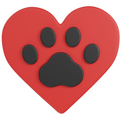 3d render Heart-shaped pet love with paw icon 