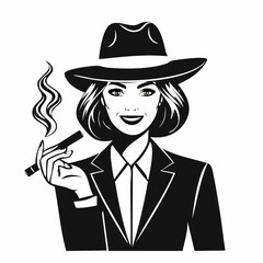 Mafia boss with cigar in black and white vector image on white background.