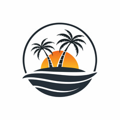 Island Logo Design with Coconut Trees and Sunset vector image isolated on white background.