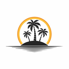 Island Logo Design with Coconut Trees and Sunset vector image isolated on white background.