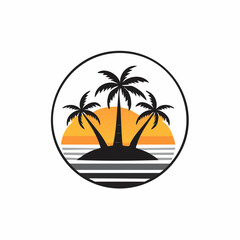 Island Logo Design with Coconut Trees and Sunset vector image isolated on white background.
