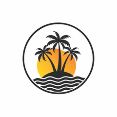 Island Logo Design with Coconut Trees and Sunset vector image isolated on white background.