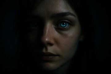 Fototapeta premium AI generated:Intense Close-Up of a Woman with Piercing Blue Glowing Eye