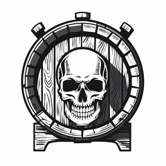 Wooden Beer Barrel with Human Skull Illustration in Dramatic Black and White Vector Artwork