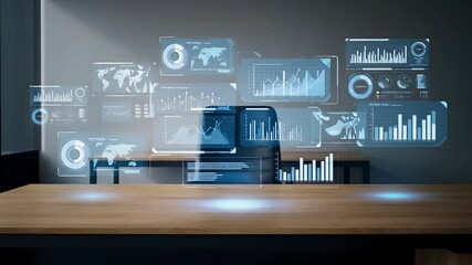 Futuristic data analysis and visualization interface with business charts and tables - Powered by Adobe