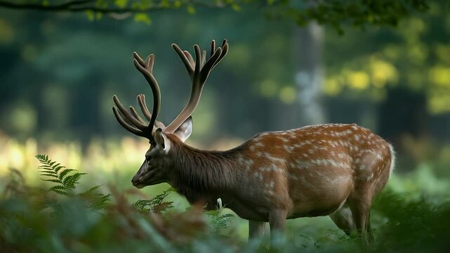 Majestic Stag in a Woodland Glade: A stunning stag, distinguished by its impressive antlers and spotted coat, stands proudly in a sun-dappled woodland glade, embodying the untamed beauty of nature.