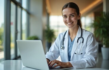Smiling female doctor in white coat works on laptop in modern hospital lobby. Confident healthcare professional uses technology for telemedicine, digital health, online medical consultations.