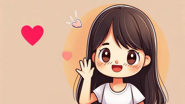 Warm Greeting: A cute girl waves hello with a heart icon, expressing a sense of friendliness and affection