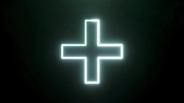 Glowing neon plus sign animated on dark green background abstract geometric concept