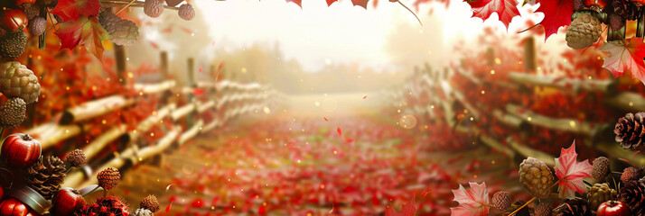 Red maple leaves framing blurred park path with soft autumn light