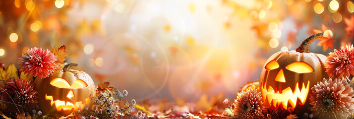 Pastel jack-o'-lanterns and cosmos flowers in dreamy autumn garden with central space