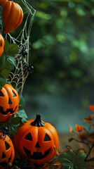 Whimsical Halloween border with cute jack-o'-lanterns, spiders, and spider webs on moody background