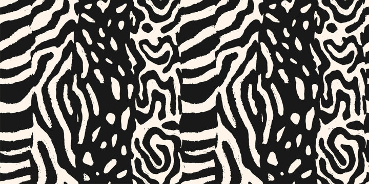 Modern animal print. Vector seamless pattern. Trendy background with mixed animal-inspired exotic textures, spots, stripes. Abstract safari wildlife fur skin background. Black and white repeat design
