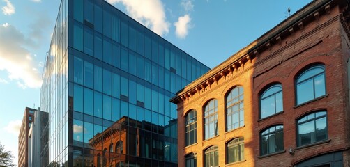 Contrast between modern glass building, old brick structure urban development, architectural contrast. Sunlight reflects on blue glass facade, cityscape. Historic building features arched windows.