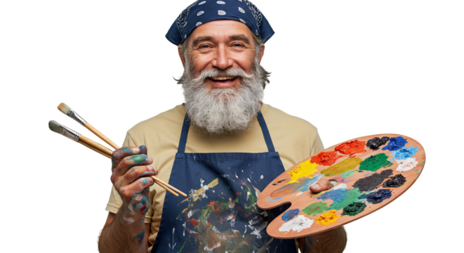 Smiling senior artist holding a palette and brushes, wearing a headband