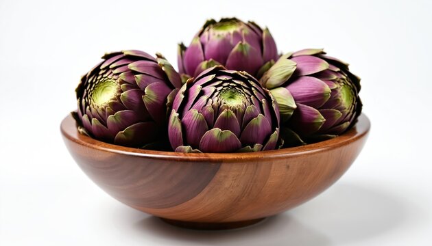 Four fresh purple artichokes arranged in rustic wooden bowl against clean white background. Vibrant vegetables perfect for culinary use, natural beauty, healthy, organic properties. Ideal for food