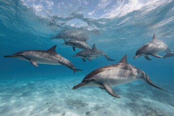 Fototapeta premium serene underwater scene featuring majestic whales and playful dolphins swimming gracefully